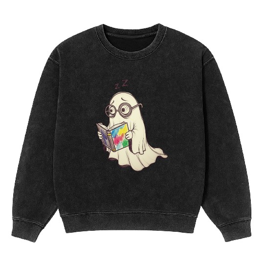 Kooky Ghost Reading with Colorful Book Mineral Wash Sweatshirts