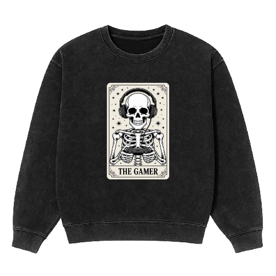 Tarot Card Skeleton Video Game Halloween Gamer Mineral Wash Sweatshirts