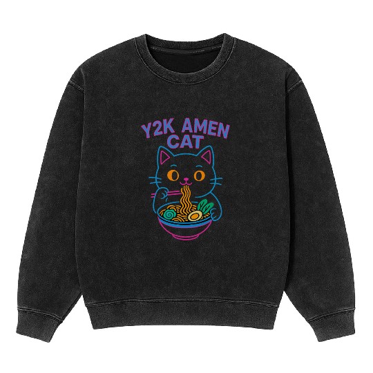 Y2K Ramen Cat – Retro Neon Anime Noodle Lover Desi Mineral Wash Sweatshirts