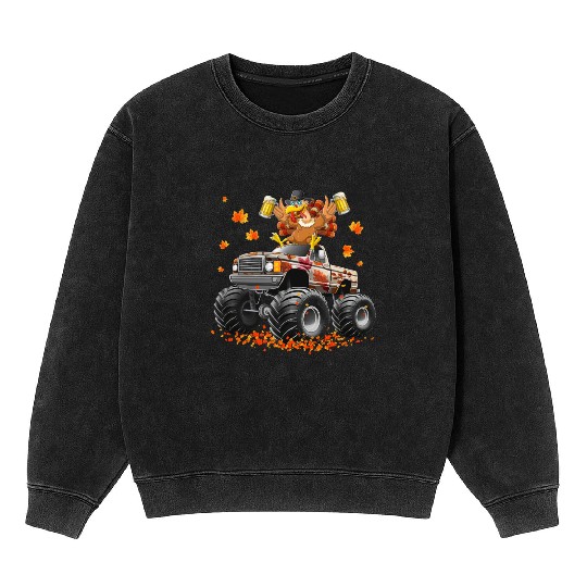 Thanksgiving Beer Turkey Riding Monster Truck  Mineral Wash Sweatshirts