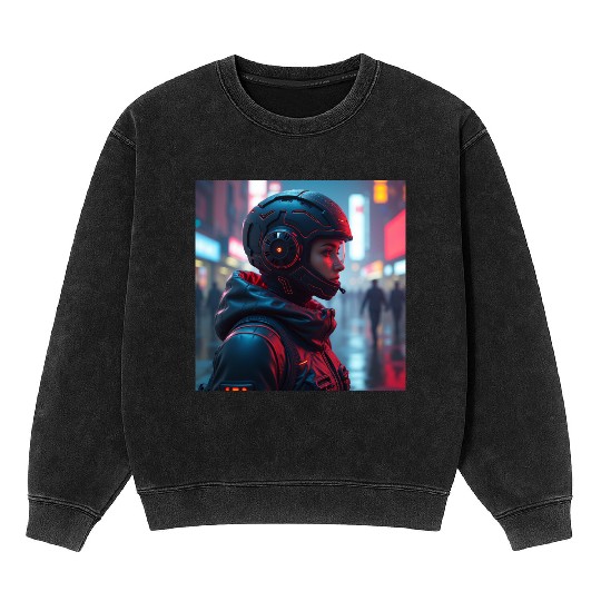 Futuristic Cyberpunk Nightscape Mineral Wash Sweatshirts