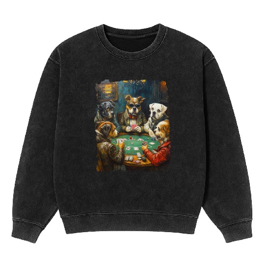 Playing Card Gambling Dog Playing Poker Cards Mineral Wash Sweatshirts