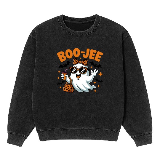 Boo-Jee Ghost Cute Leopard Print Halloween Boojee Mineral Wash Sweatshirts