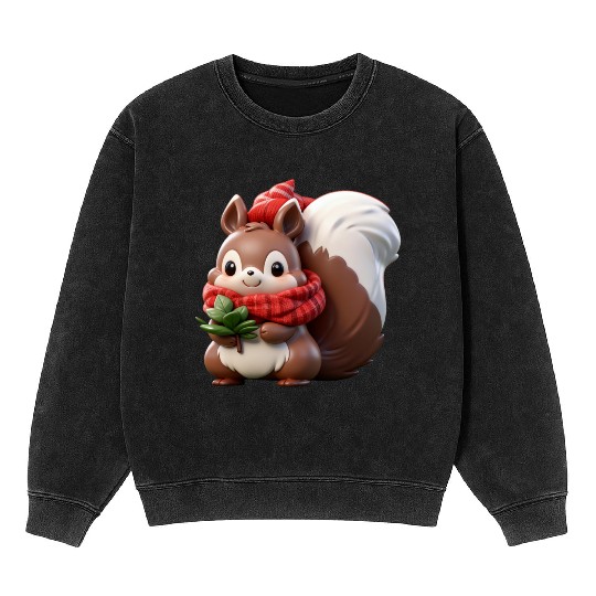 Festive Squirrel with Plaid Hat and Scarf Mineral Wash Sweatshirts