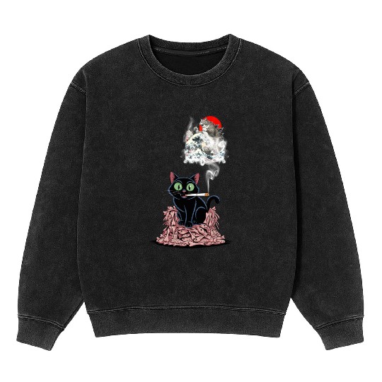 Black Cat Smoking Cigarette Catzilla Mineral Wash Sweatshirts