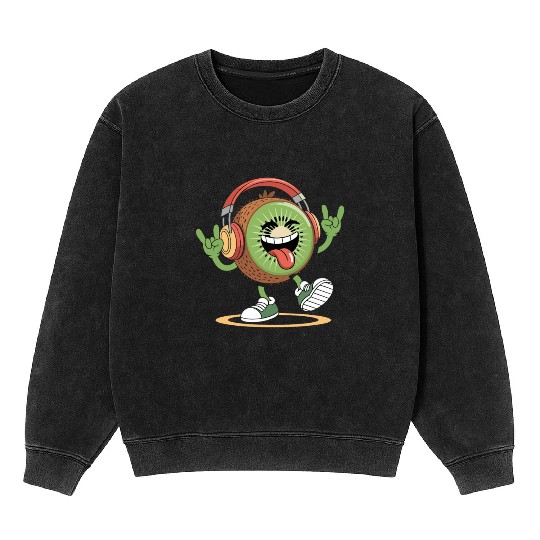 Playful Kiwi Cartoon with Headphones Mineral Wash Sweatshirts