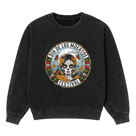Vibrant Día de los Muertos Skull Mineral Wash Sweatshirts