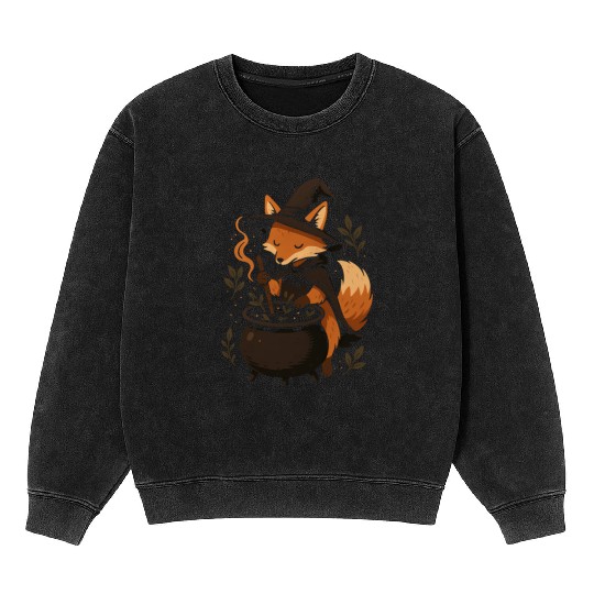 Enchanting Witch Fox Vintage Design Mineral Wash Sweatshirts