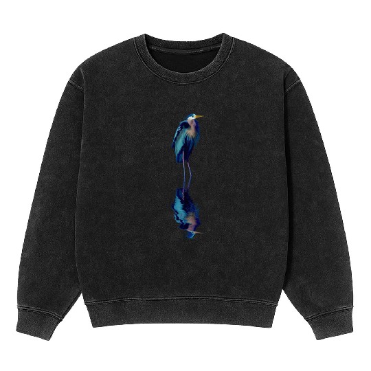 Great Blue Heron Stands Reflected Mineral Wash Sweatshirts