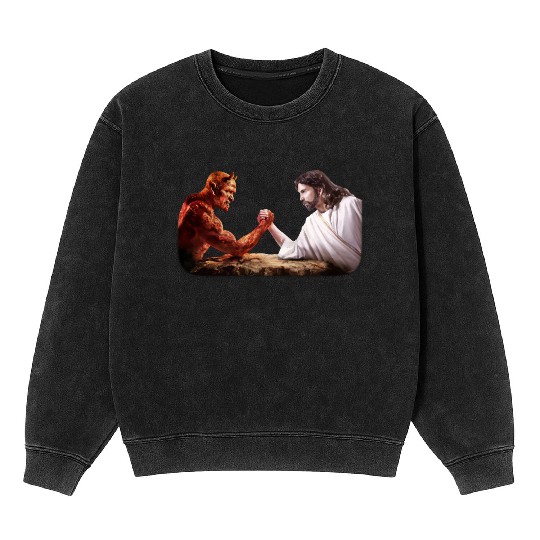 God arm wrestling Satan Mineral Wash Sweatshirts