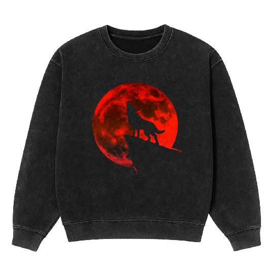 Howling wolf full blood moon space galaxy gift dog Mineral Wash Sweatshirts