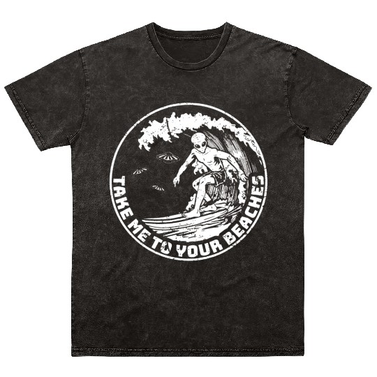 Funny Alien Surf Surfing Surfer Mineral Wash T Shirts