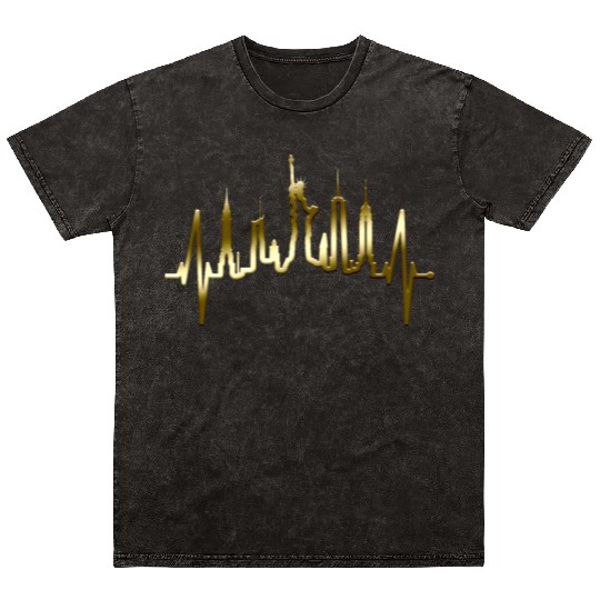 New York City Heartbeat Manhattan Skyline USA Gold Mineral Wash T Shirts