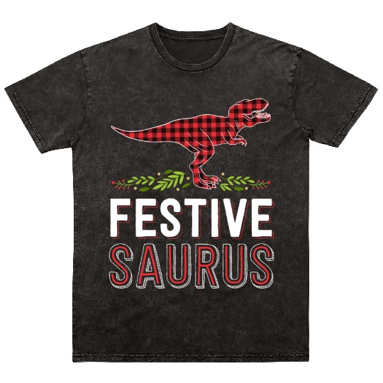 Festive Saurus T Rex Red Plaid Matching Family Mineral Wash T Shirts