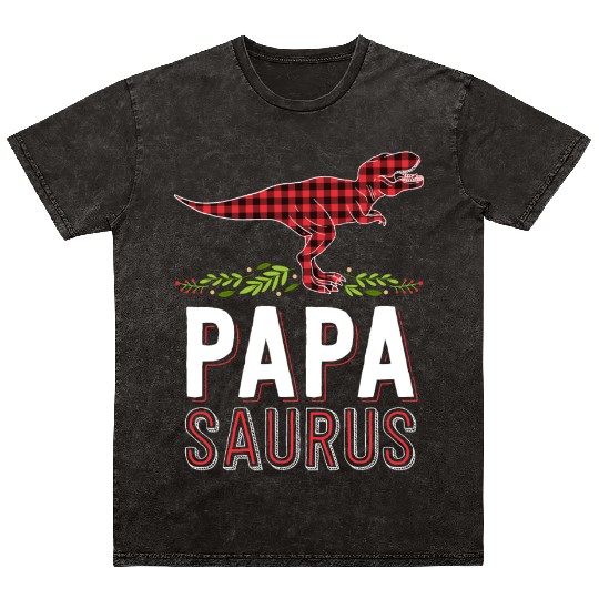 Papa Saurus T Rex Dad Red Plaid Matching Family Mineral Wash T Shirts