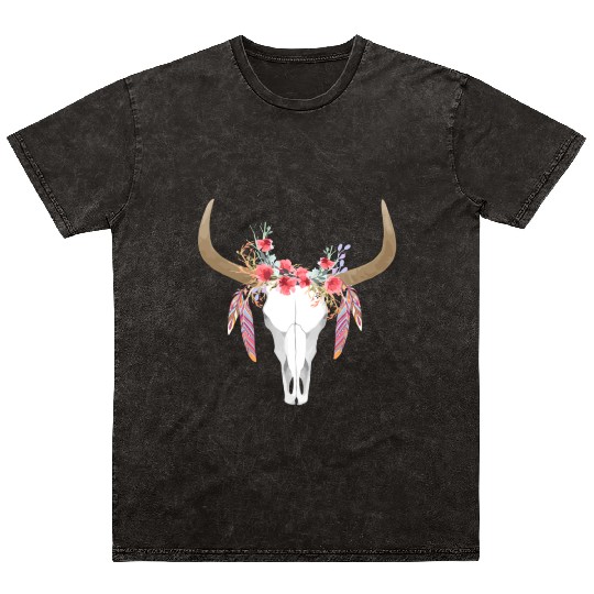 Floral Cow Skull With Feathers Bull Skull Mineral Wash T Shirts
