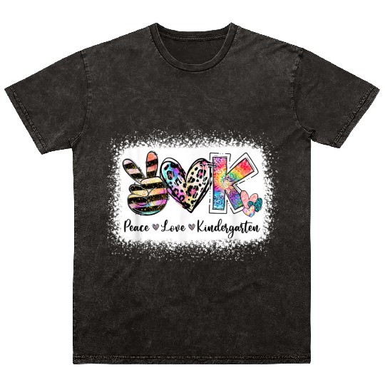 Teacher Peace Love Kindergarten Team Bleached Mineral Wash T Shirts