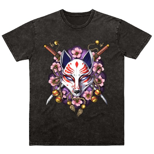 Kitsune Japanese Fox Mask Mineral Wash T Shirts