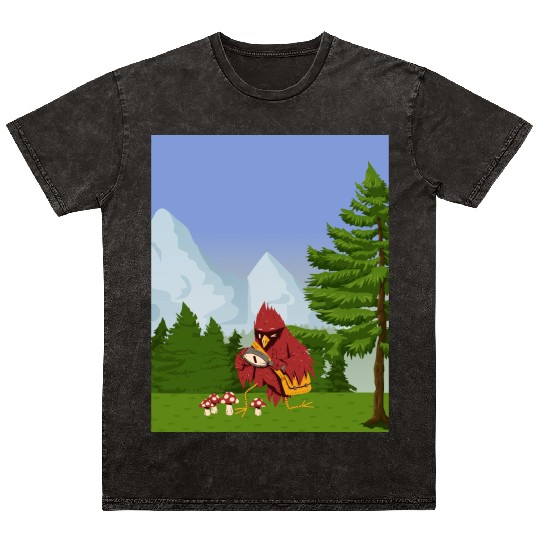 Cardinal Bird Foraging Collecting Mushrooms Mineral Wash T Shirts