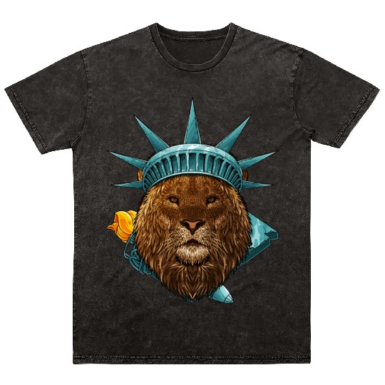 Statue Of Liberty Lion 4th Of July Animal USA Amer Mineral Wash T Shirts