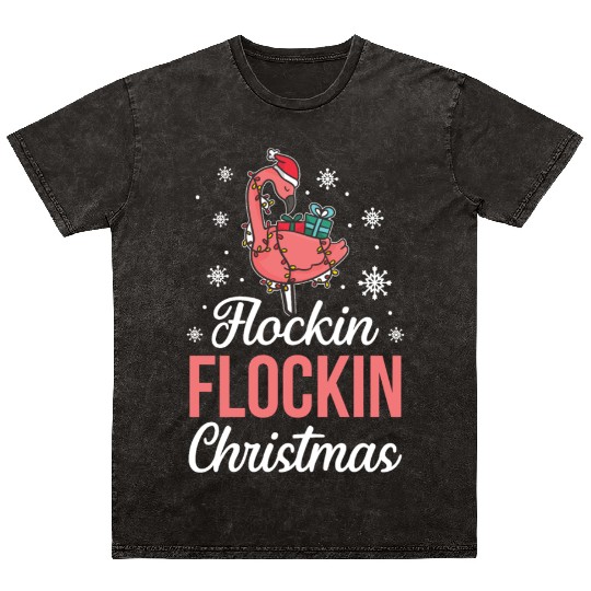 Christmas Pink Flamingo Flockin Xmas Holiday Gift Mineral Wash T Shirts