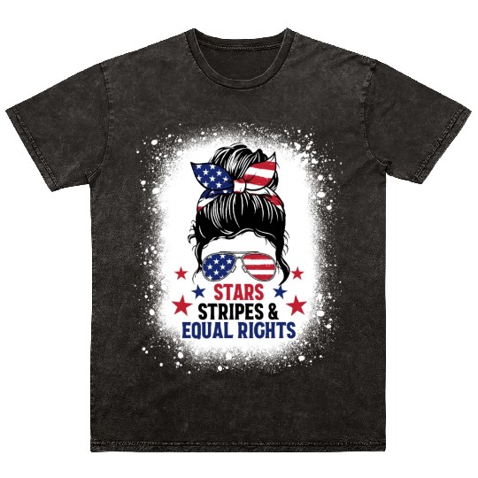 USA Messy Bun Bleached Stars Stripes Equal Rights Mineral Wash T Shirts