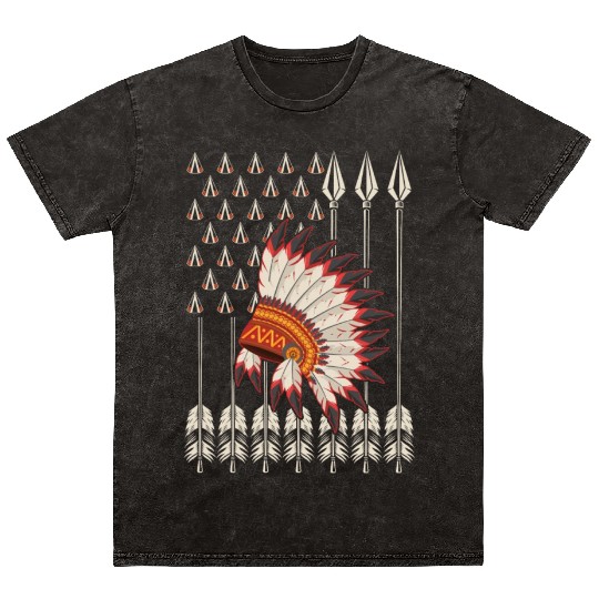 Native American Chief Traditional US Flag Mineral Wash T Shirts