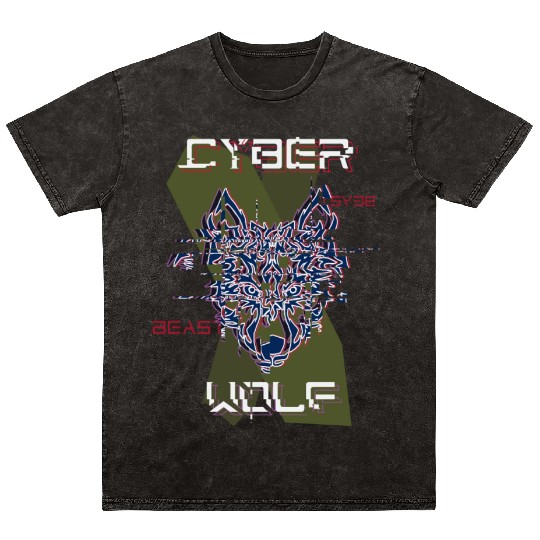 Cyber Wolf Glitch Mineral Wash T Shirts