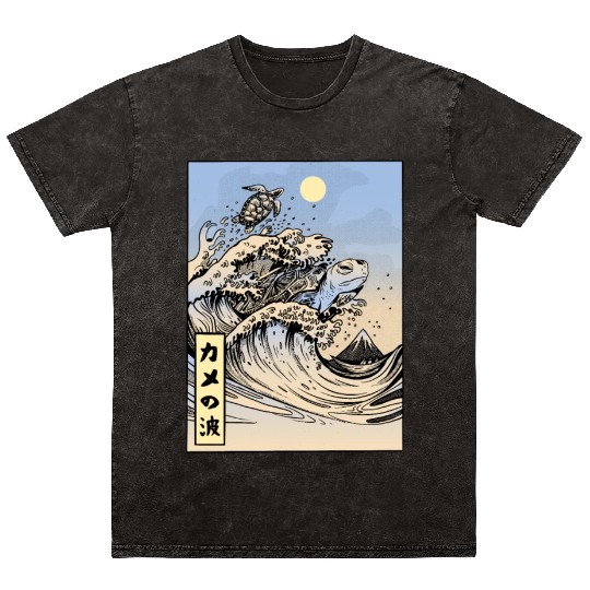 Japanese Sunset And Waves | Japanese Culture Mineral Wash T Shirts
