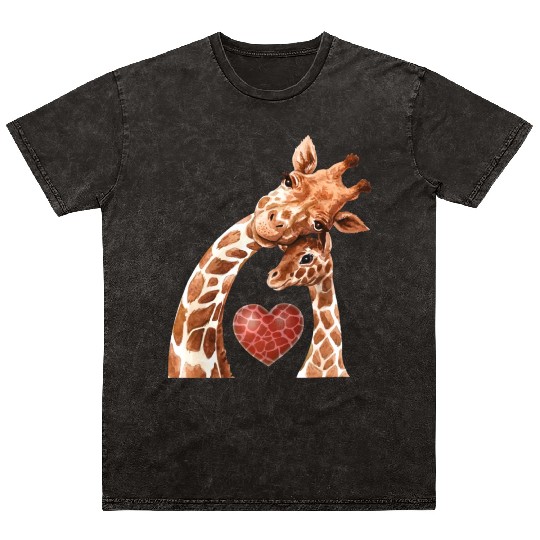 Giraffe Mom Heart Baby Giraffes Lover Mineral Wash T Shirts
