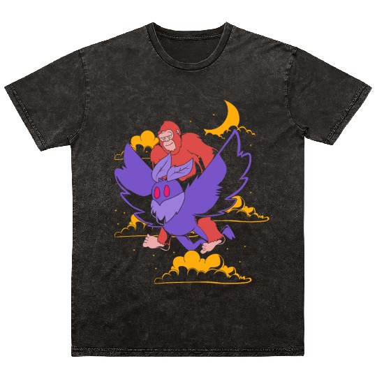 Bigfoot Riding Mothman Funny Cryptozoology Mineral Wash T Shirts