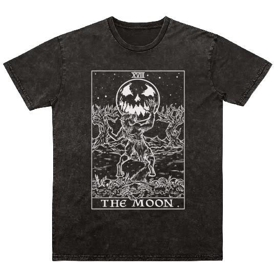 The Moon Tarot Card Halloween Werewolf Gothic Horr Mineral Wash T Shirts