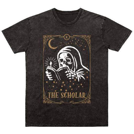 Skeleton Scholar Tarot Card Occult Club Gothic Mineral Wash T Shirts
