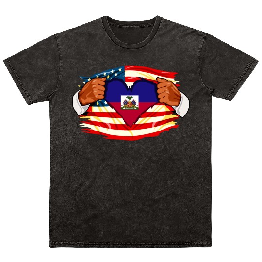 Haitians Who Live in America Haiti Flag Mineral Wash T Shirts