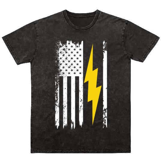 Cool Lightning Bolt And Flag Electrician Mineral Wash T Shirts