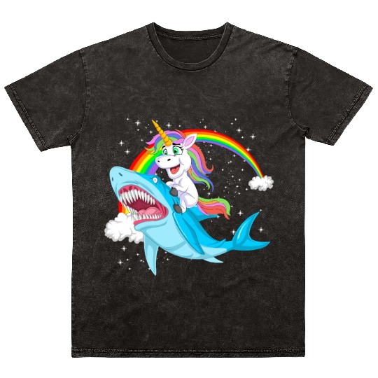 Unicorn riding shark Design Mineral Wash T Shirts