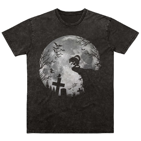 Halloween Werewolf Full Moon Bats and Black trick Mineral Wash T Shirts