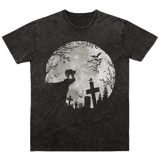Halloween Black Cat Werewolf Full Moon Bats trick Mineral Wash T Shirts