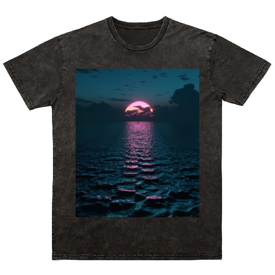 Vaporwave Aesthetic Sunset Above Dark Sea Mineral Wash T Shirts