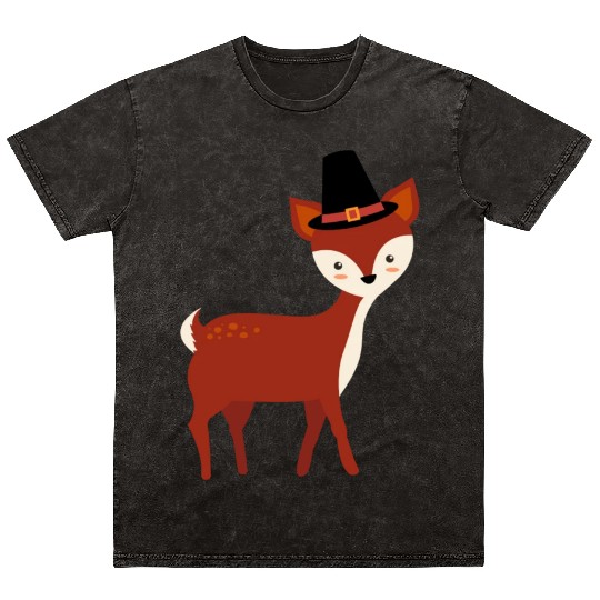 Thanksgiving Deer Wearing Pilgrim Hat Mineral Wash T Shirts