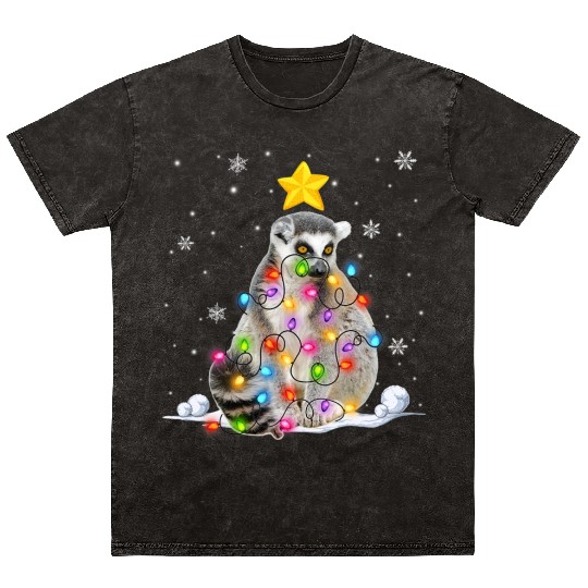 Xmas Lemur Animals Lover Christmas Tree Lights Mineral Wash T Shirts