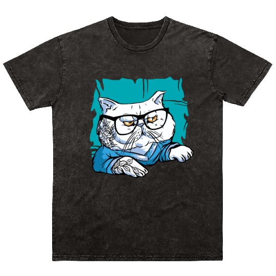 Stylish Nerd Persian Cat Beanie Glasses Tattoo Mineral Wash T Shirts