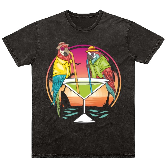Parrots Drinking Margarita Hawaiian Birds Gift Mineral Wash T Shirts