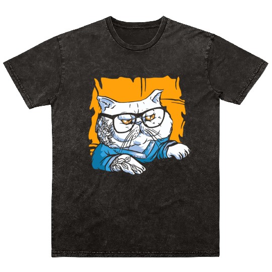 Stylish Nerd Persian Cat Beanie Glasses Tattoo Mineral Wash T Shirts
