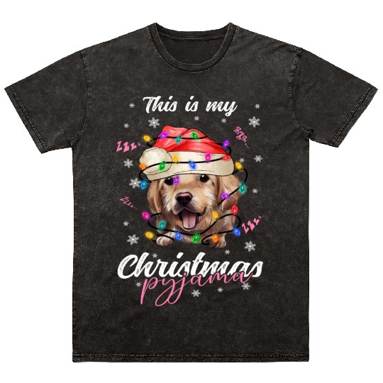 Winter Christmas Pyjama Golden Retriever Mineral Wash T Shirts