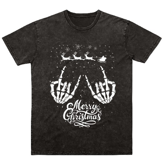 Rock On Rock Star Christmas Skeleton Hands Santa Mineral Wash T Shirts