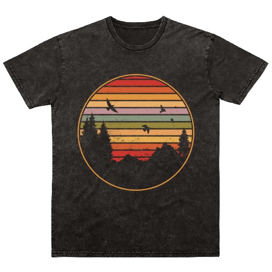 RETRO FOREST WITH BIRDS IN THE SUNSET Mineral Wash T Shirts