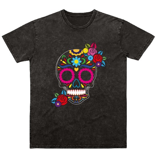 Day of The Dead Colorful Sugar Skull Mineral Wash T Shirts