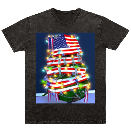 Patriotic Christmas Tree With US Flag Mineral Wash T Shirts