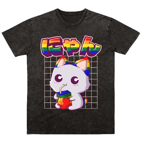 Gay Pride Kawaii Cat Strawberry Milk Rainbow Flag Mineral Wash T Shirts